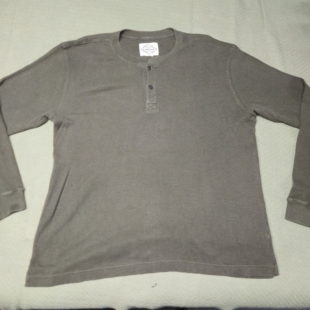 St Johns Bay Mens Thermal Henley Shirt XL Olive Green‎ Waffle Knit Long Sleeve